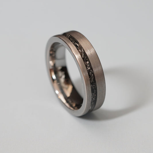 Forge and Lumber Nova 6mm cosmic ring with a brushed finish and dark inlay, engravable, available in multiple sizes.