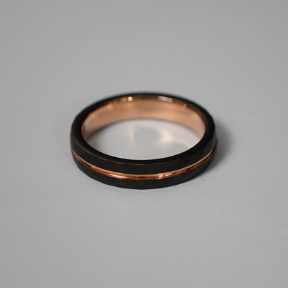 Black and rose gold engraved wedding band by Forge and Lumber, 4mm delicate design, available in sizes UK I to K.