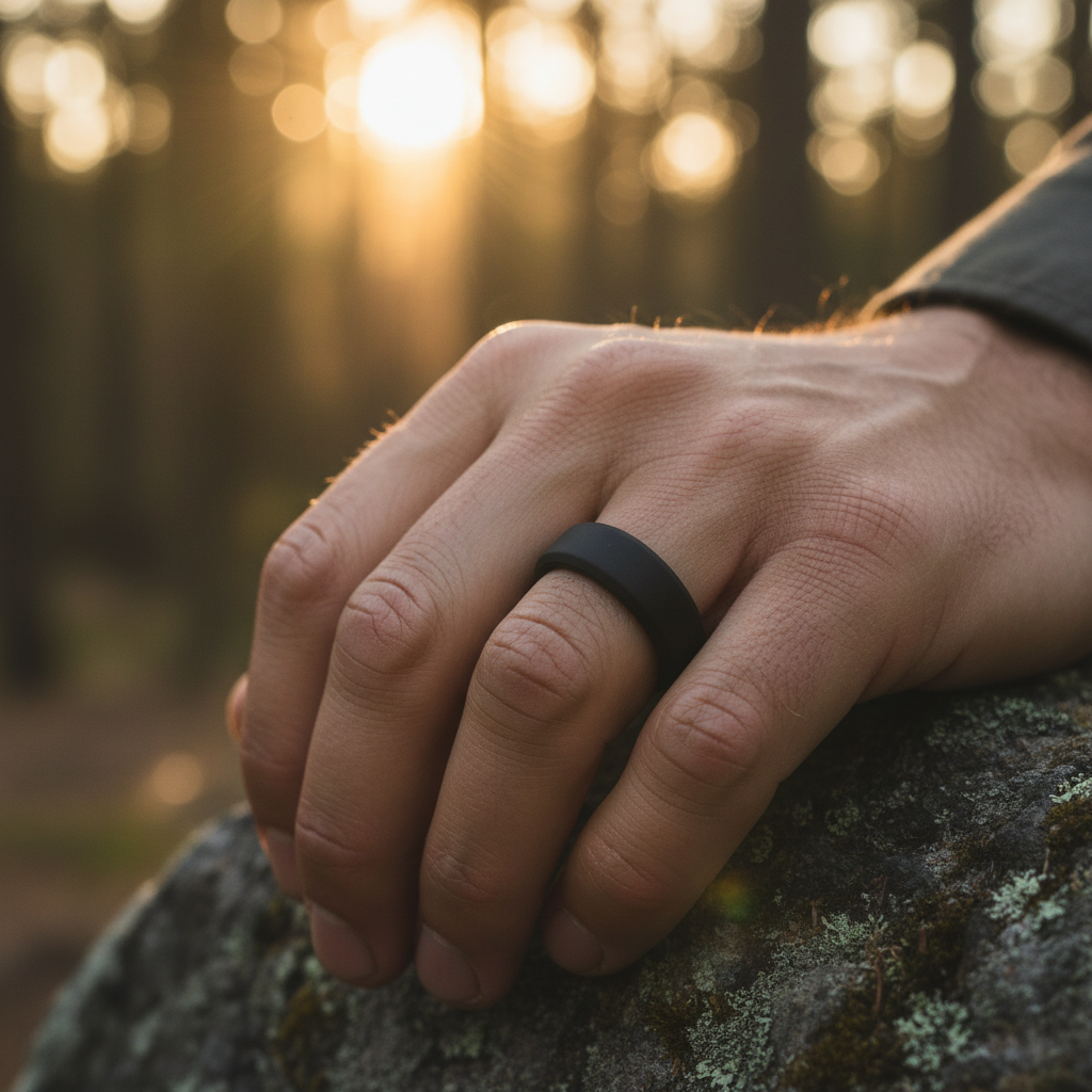 Black Beveled Silicone Wedding Ring 8mm - Athletic Work Safe Band