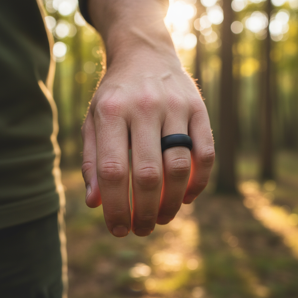 Black 8mm silicone wedding ring by Forge and Lumber, designed for an active lifestyle, available in multiple sizes.