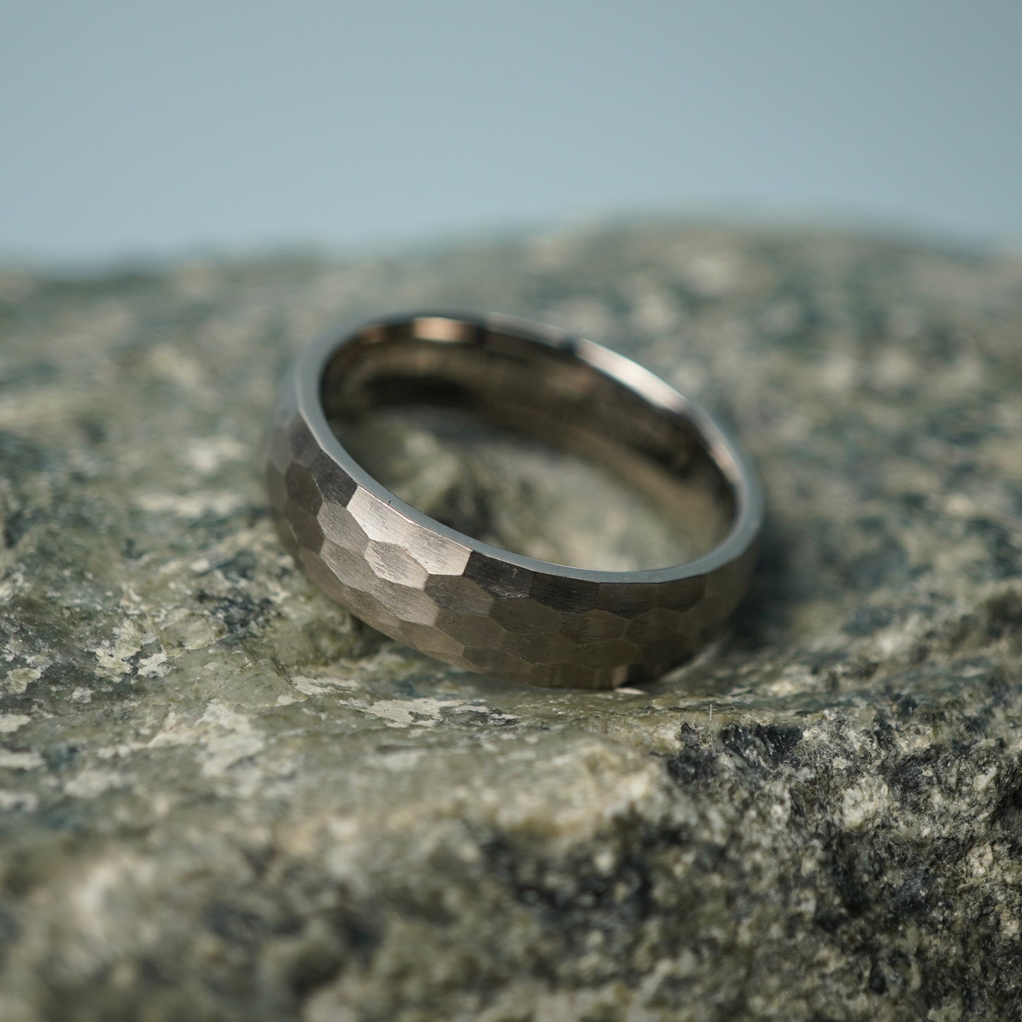 Hammered titanium 6mm comfort-fit men's ring from Forge and Lumber, available in sizes UK K to UK M