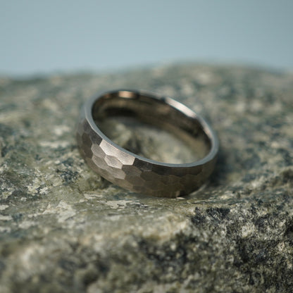 Hammered titanium 6mm comfort-fit men's ring from Forge and Lumber, available in sizes UK K to UK M