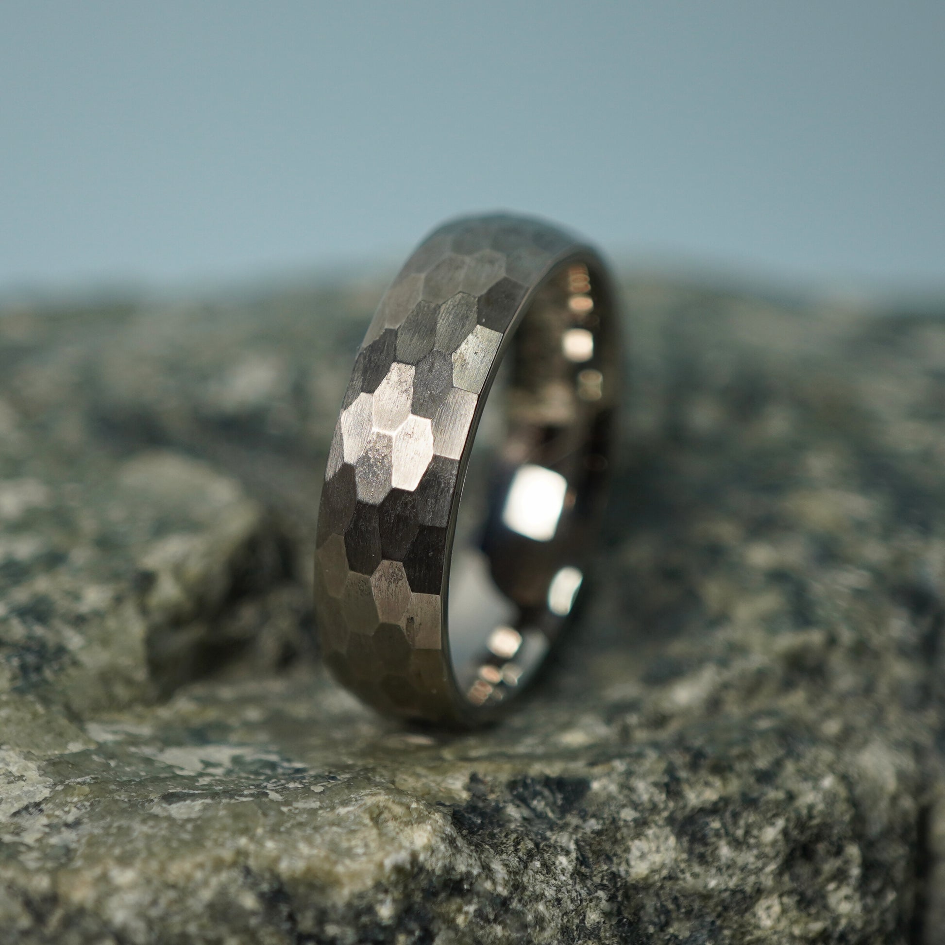 Hammered titanium men's ring by Forge and Lumber, 6mm width, comfort fit, available in UK sizes K, L, M.
