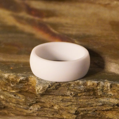 White domed silicone wedding ring by Forge & Lumber, 8.7mm, suitable for active lifestyles, available in various sizes.