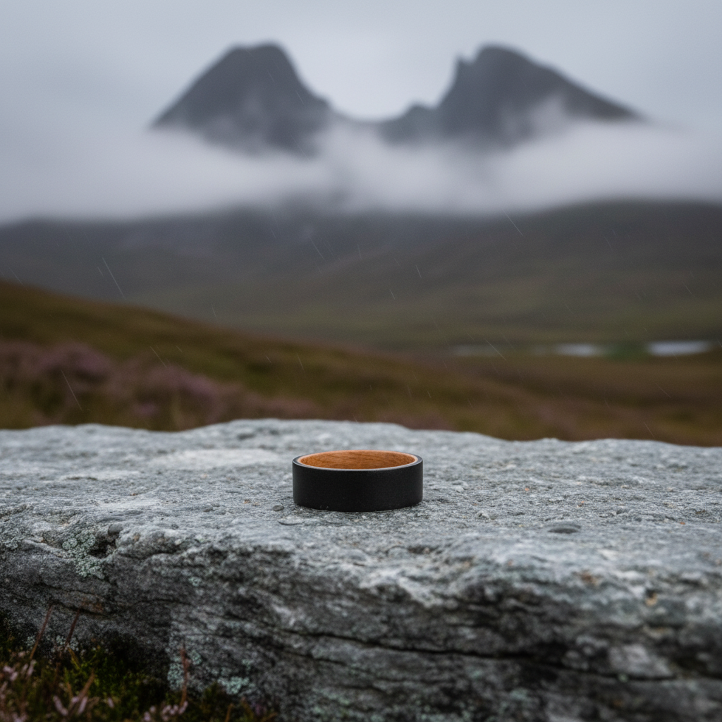 Black artisan ring made from barrel wood by Forge and Lumber, set against a misty mountain backdrop.