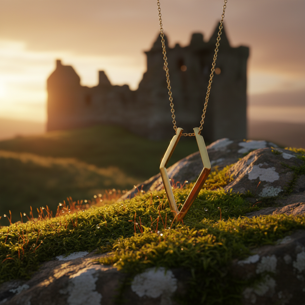 Ring Holder Necklace by Forge and Lumber. 18k gold plated chain on mossy stone at castle ruins.