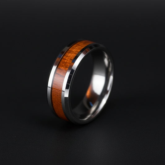 Beveled silver and wood inlay wedding band by Forge and Lumber, size UK M / US 6. Stylish and modern design.