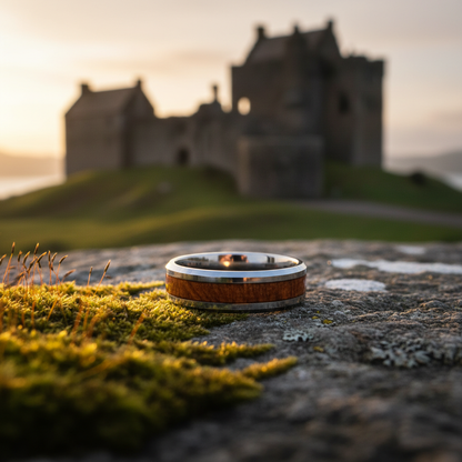 Forge & Lumber Axe: Beveled edge axe settling on mossy stone at sunset.