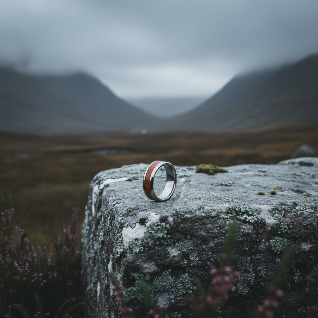 Silver beveled-edge ring with wood inlay, set against a mountain landscape.