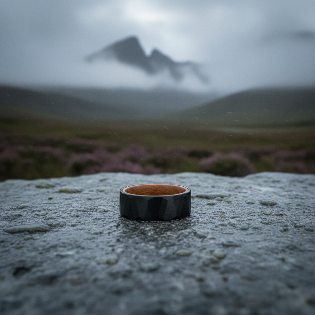 Black and wooden 8mm anniversary ring from Forge and Lumber, set against a misty mountain backdrop.