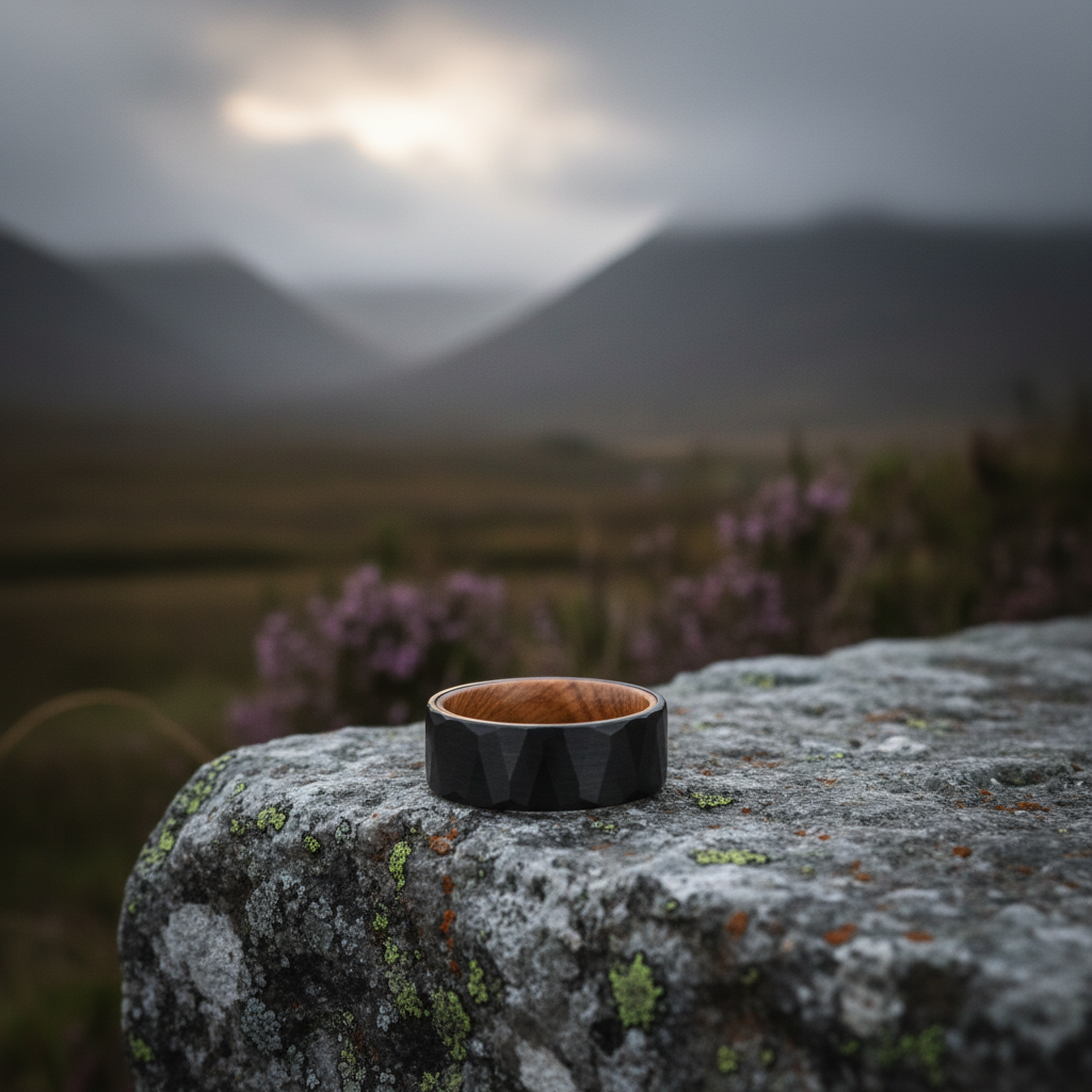 8mm black anniversary ring with wood inlay by Forge and Lumber, resting on a mossy stone outdoor backdrop
