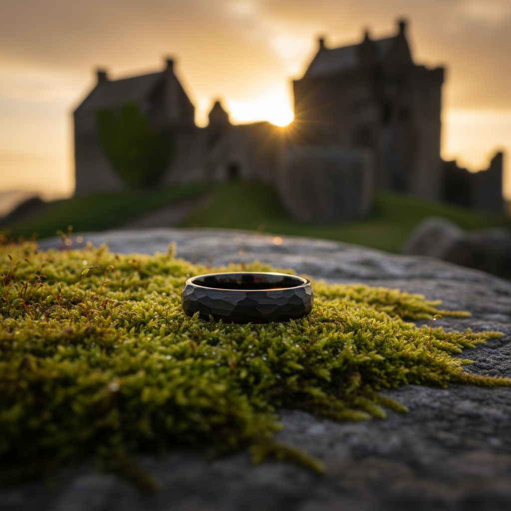 Forge & Lumber The Blacksmith ring: 6mm tungsten band on mossy stone, Scottish castle ruins at sunset.