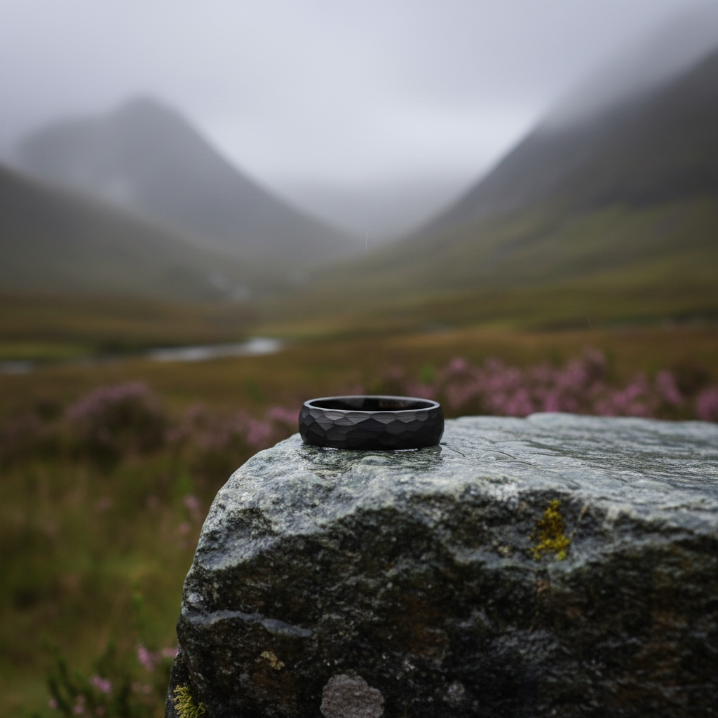 Black 6mm tungsten wedding band with a textured finish by Forge and Lumber, set against a misty landscape.