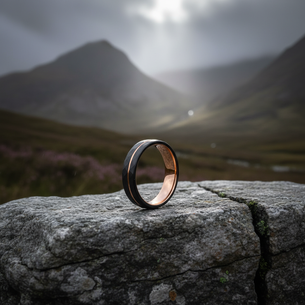 Black 6mm men's wedding ring with a polished finish by Forge and Lumber, set against a natural landscape.