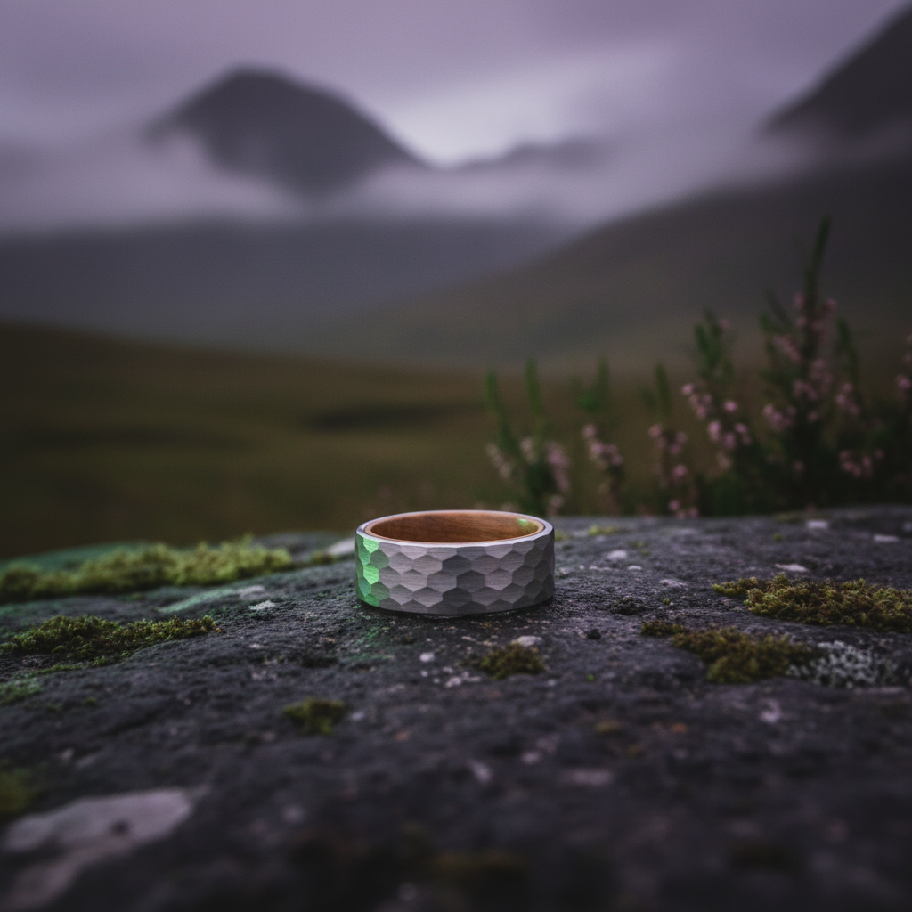 Textured silver and wood band ring by Forge and Lumber, showcasing a Celtic design inspired by Campbeltown.