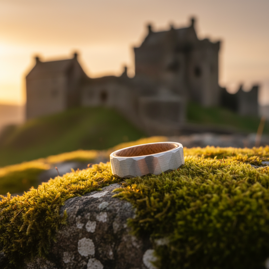 Forge & Lumber Cask ring. Barrel-inspired 6mm band on mossy stone ruins. Heritage anniversary jewelry.