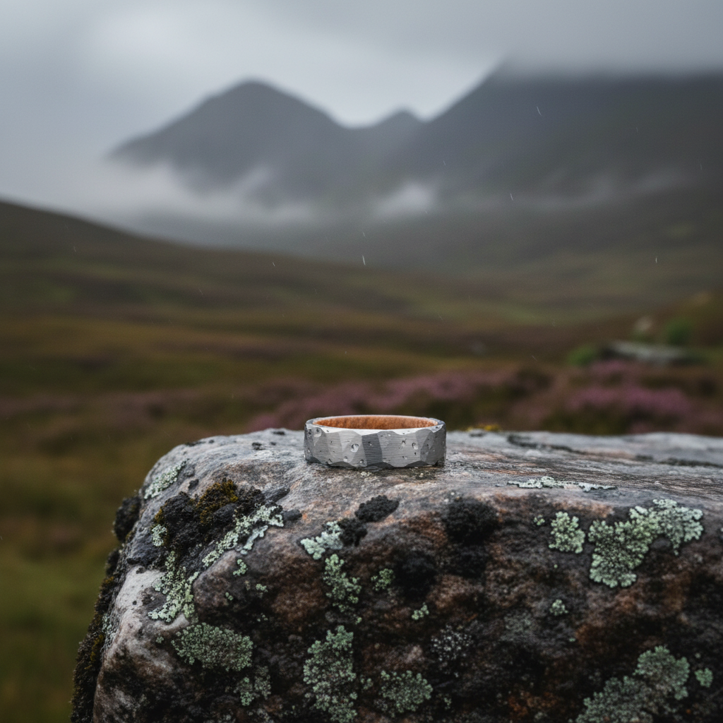 Barrel-inspired comfort-fit ring by Forge and Lumber, 6mm wide, showcasing a rustic metallic finish.
