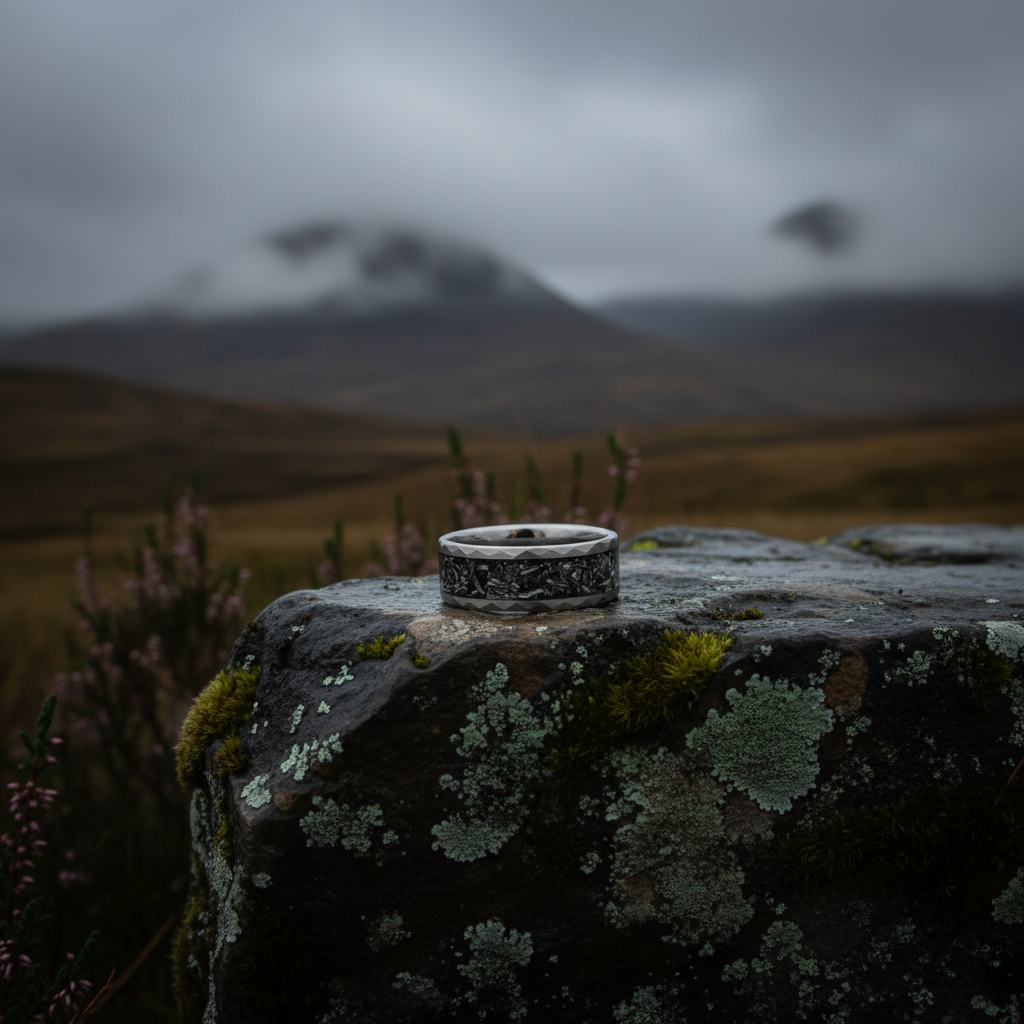 Celestial-inspired 8mm alternative metal wedding band by Forge and Lumber on a rocky surface