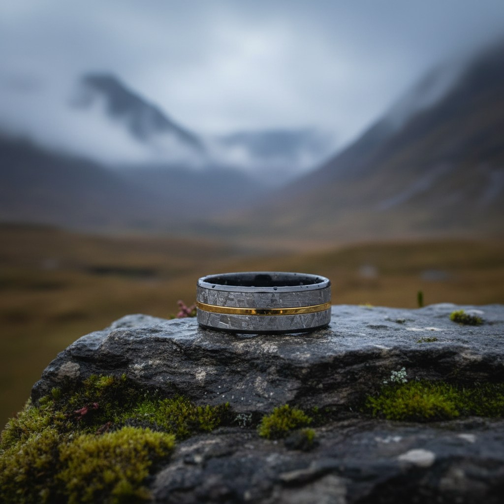 Black Zirconium wedding ring with golden inlay, by Forge and Lumber, displayed on textured stone outdoors.