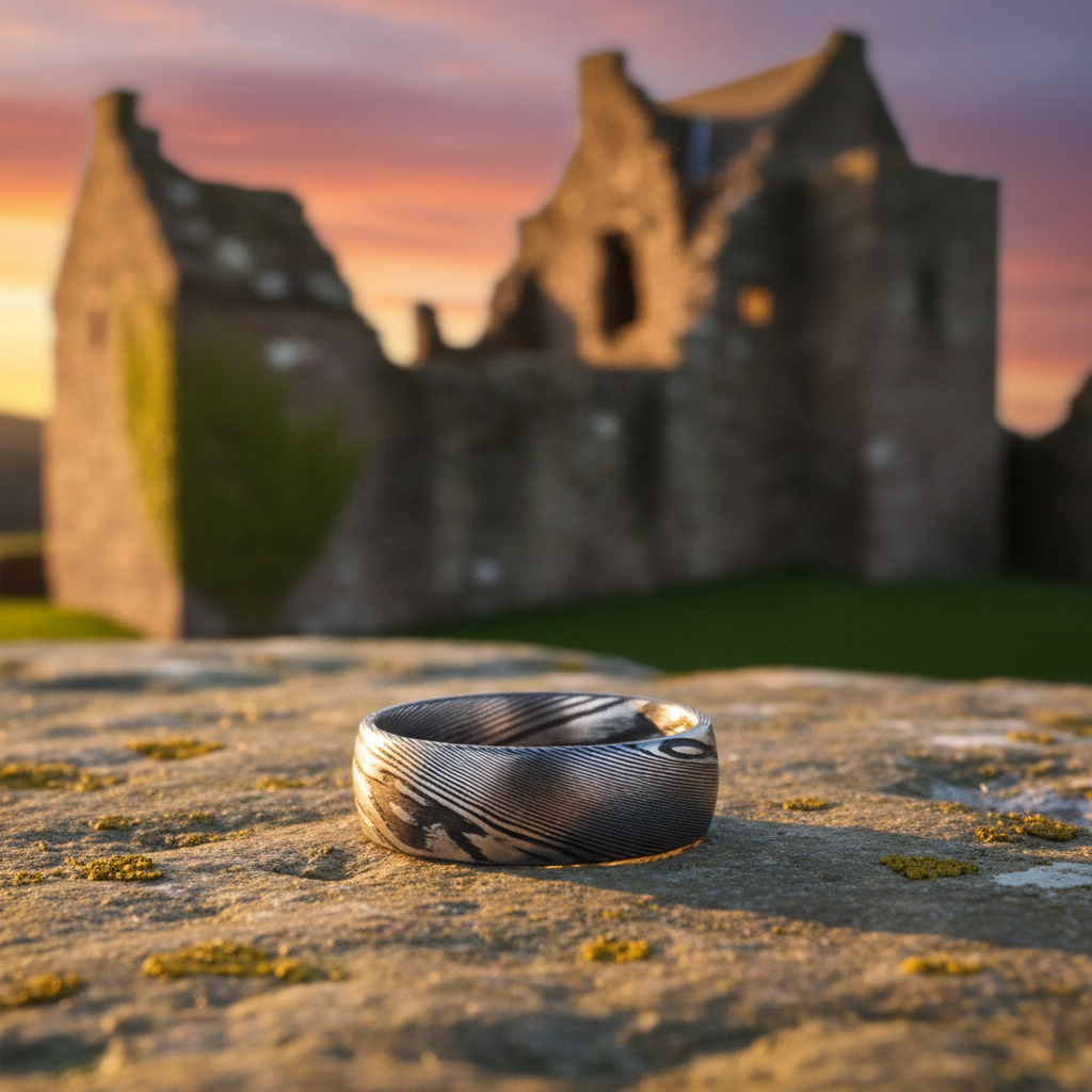 Forge & Lumber Crucible ring. 8mm beveled artisan band on mossy stone at sunset.