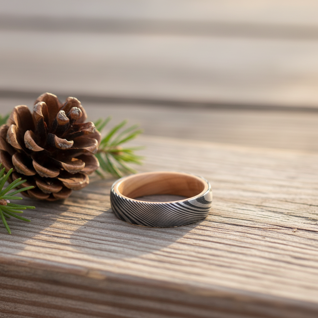 Damascus steel wedding band with artisan forged design and wooden interior, available from Forge and Lumber.