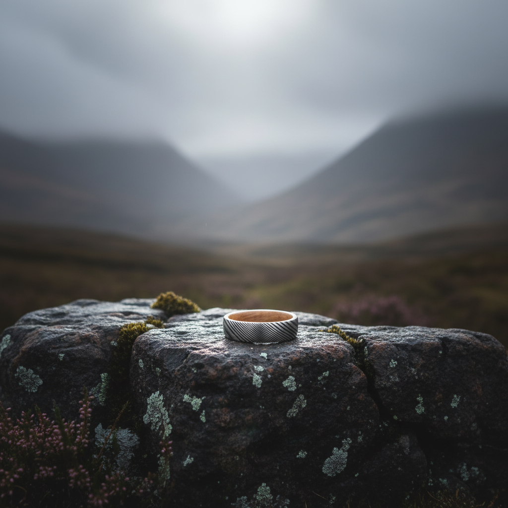 Damascus 6mm wedding band by Forge and Lumber, featuring artisan-forged design with textured finish.