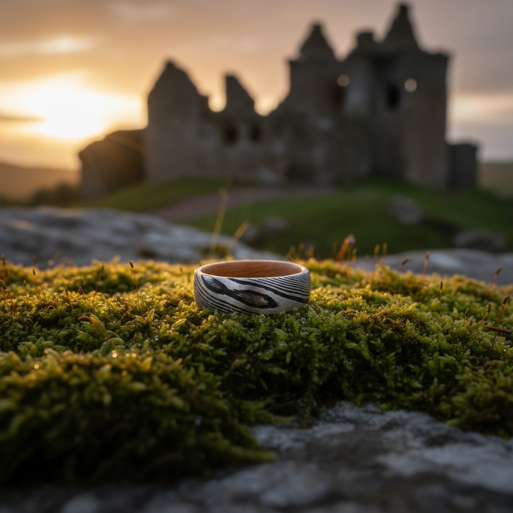 Forge & Lumber Damascus 8mm ring on mossy stone. Artisan band with castle ruins background.