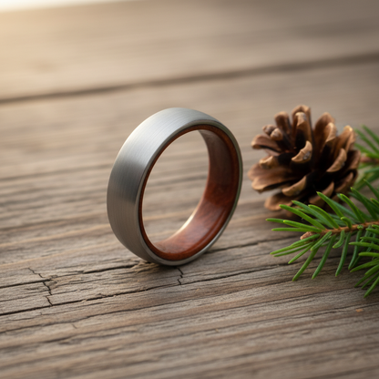 Brushed gray 6mm comfort-fit wedding ring with wooden interior by Forge and Lumber