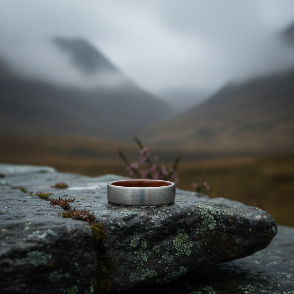6mm stainless steel comfort-fit wedding ring by Forge and Lumber on a stone with a blurred mountain background.