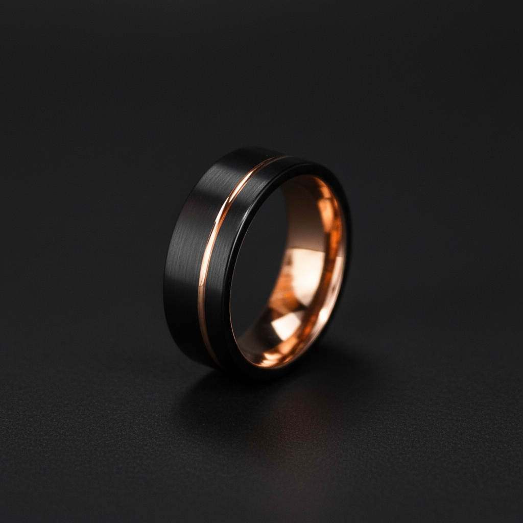 Black and rose gold 8mm men's ring from Forge and Lumber, featuring a brushed finish and polished center.