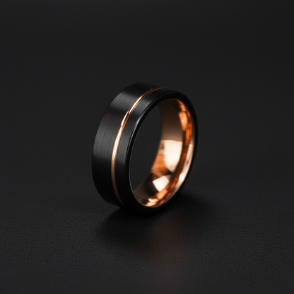 Black and rose gold 8mm men's ring from Forge and Lumber, featuring a brushed finish and polished center.