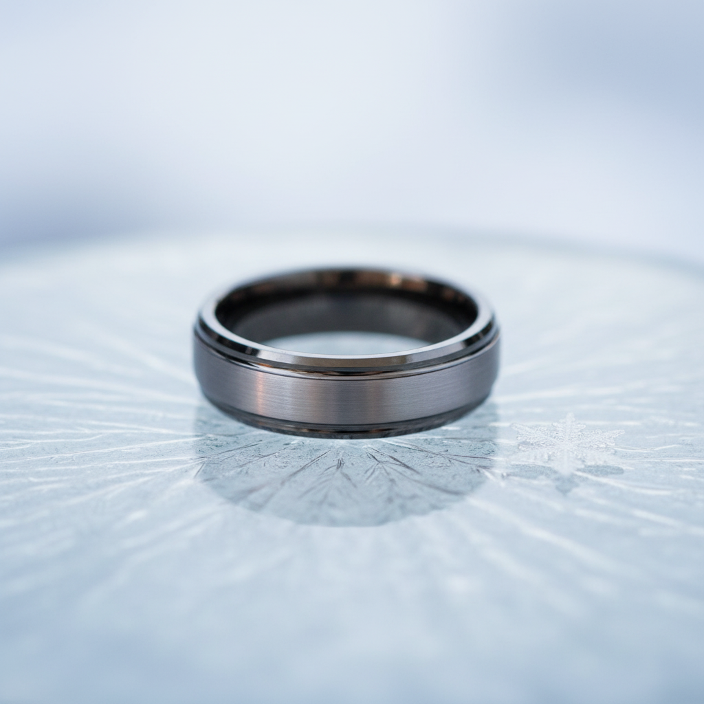Matte black 6mm wedding band by Forge and Lumber, featuring a sleek, modern design.