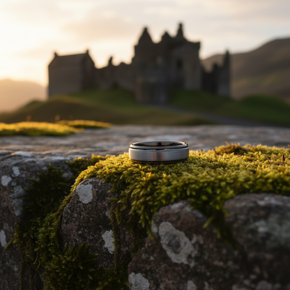 Forge & Lumber Fortress 6mm ring on moss, Scottish castle ruins. Wedding band.