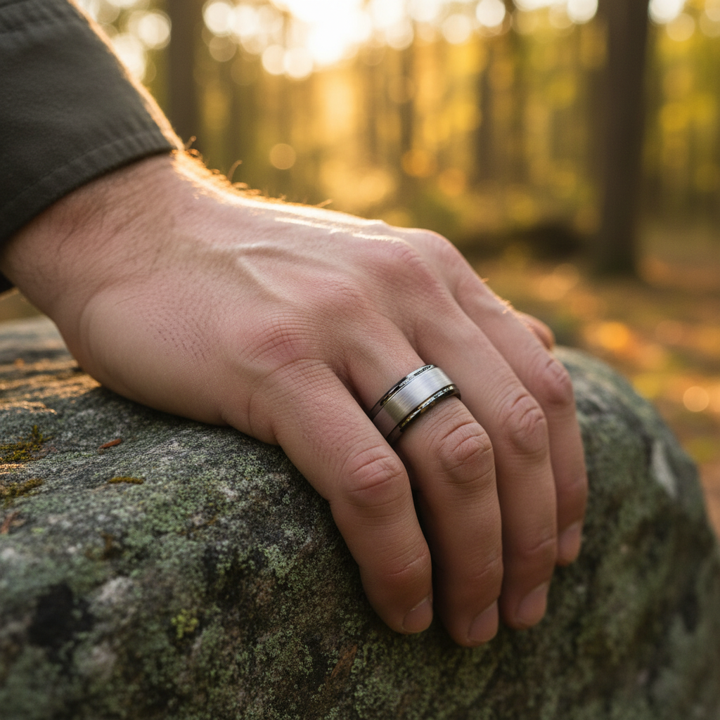 Beveled 8mm men's ring in silver by Forge and Lumber, styled for an active lifestyle, resting on a textured stone.