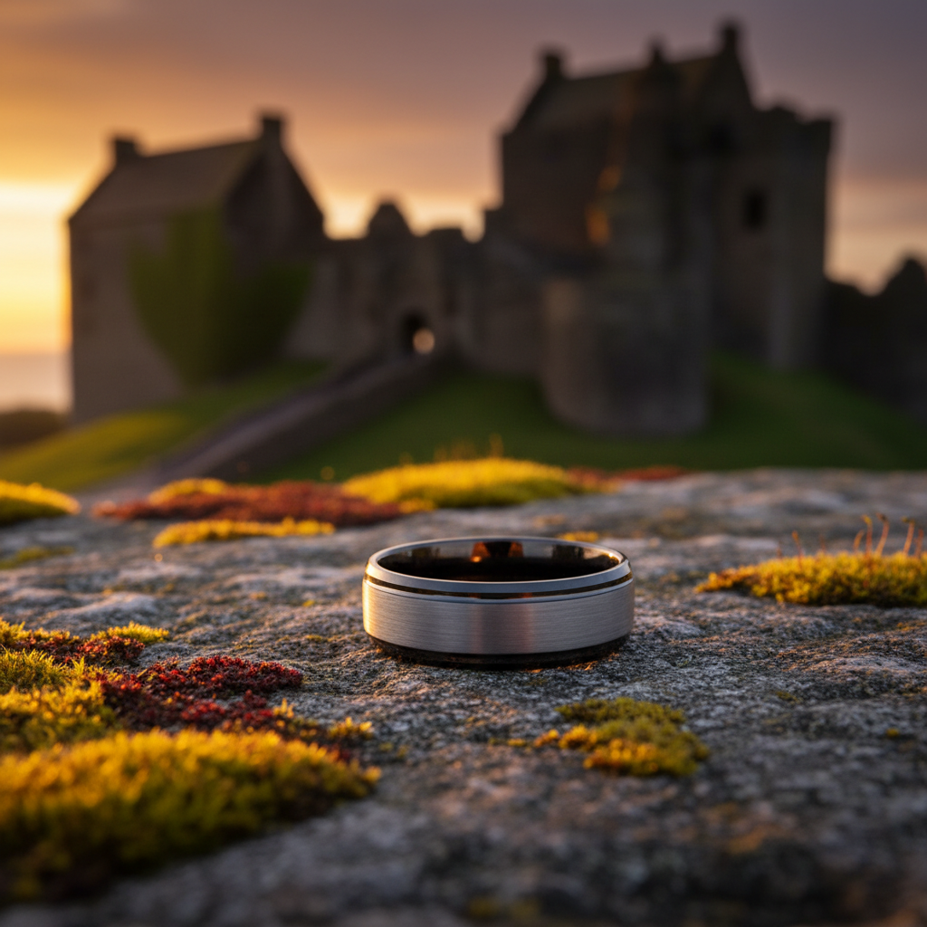 Forge & Lumber Fortress 8mm ring on mossy stone. Scottish castle ruins at sunset. Beveled, active-lifestyle ring.