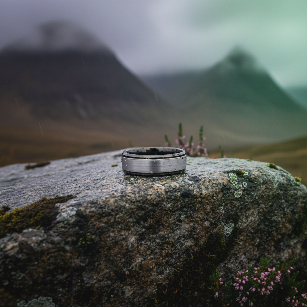 Beveled 8mm active lifestyle ring in stainless steel by Forge and Lumber, set against a misty mountain backdrop.