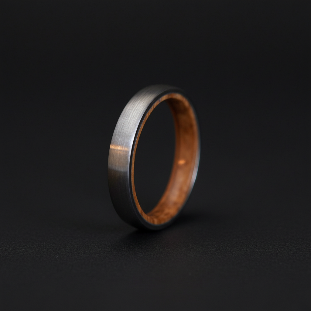 Brushed titanium wedding band with a polished copper interior, 4mm width by Forge and Lumber.