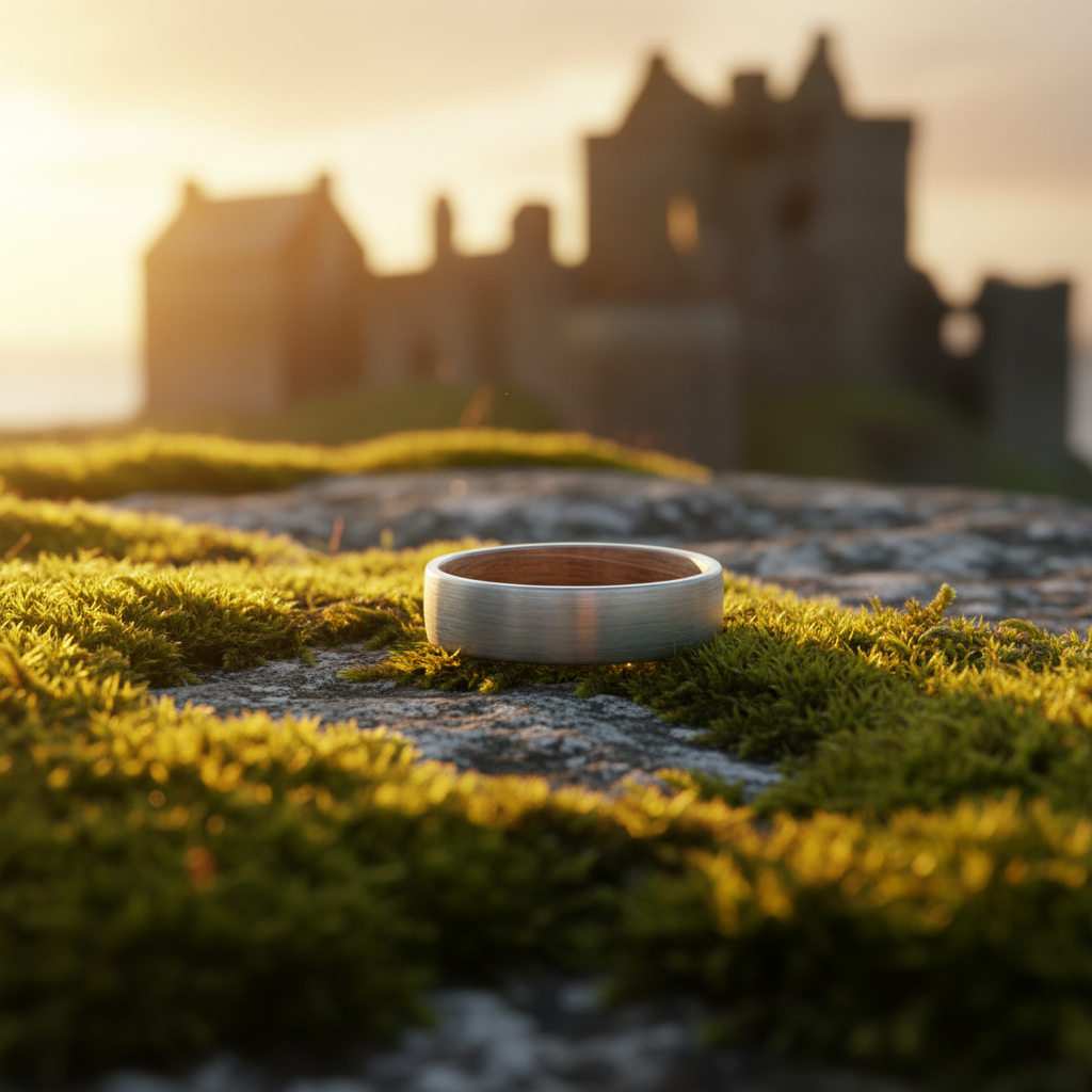 Forge & Lumber The Glen 6mm ring. Sunset view on mossy stone evokes Scottish heritage.