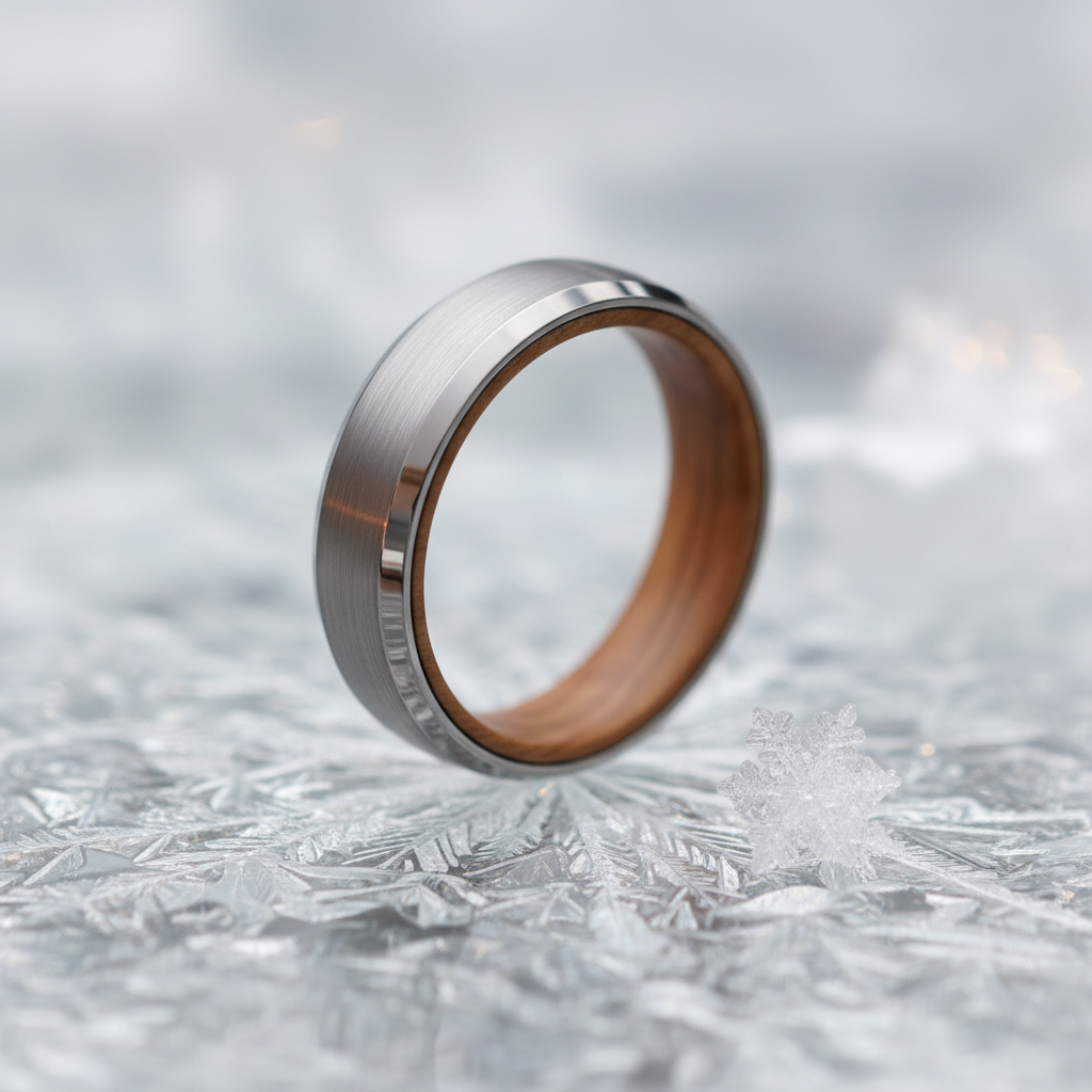 6mm tungsten ring with a brushed silver finish and wooden inner band by Forge and Lumber.