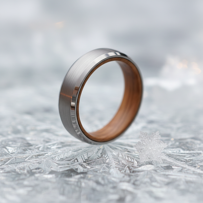 6mm tungsten ring with a brushed silver finish and wooden inner band by Forge and Lumber.