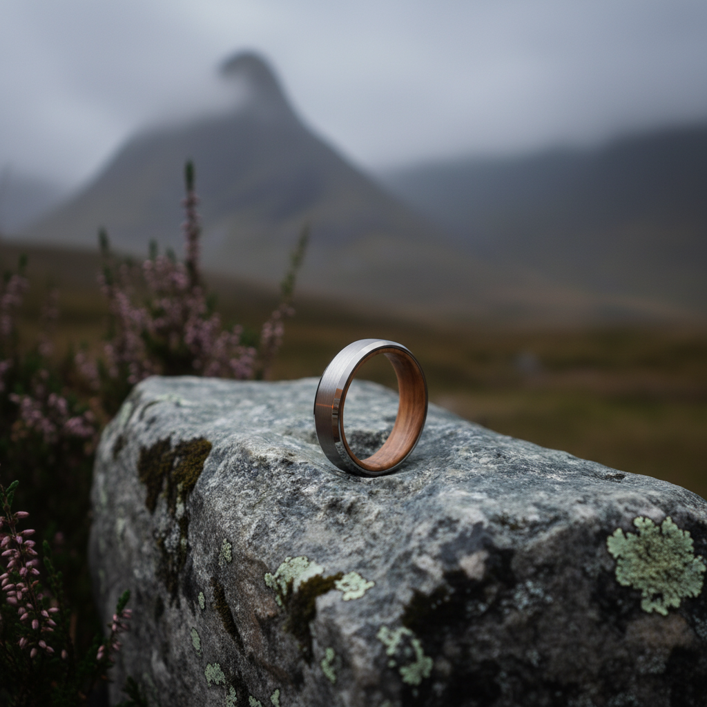 6mm tungsten ring with a polished finish and wooden inlay by Forge and Lumber, set against a rugged landscape.