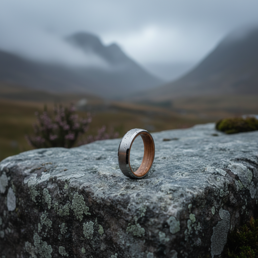 Forge and Lumber 6mm aerospace-grade tungsten ring with a polished silver finish on a rocky background