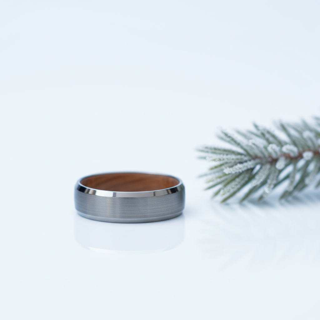 6mm tungsten ring by Forge and Lumber with a brushed finish and polished edge, placed next to a pine sprig.