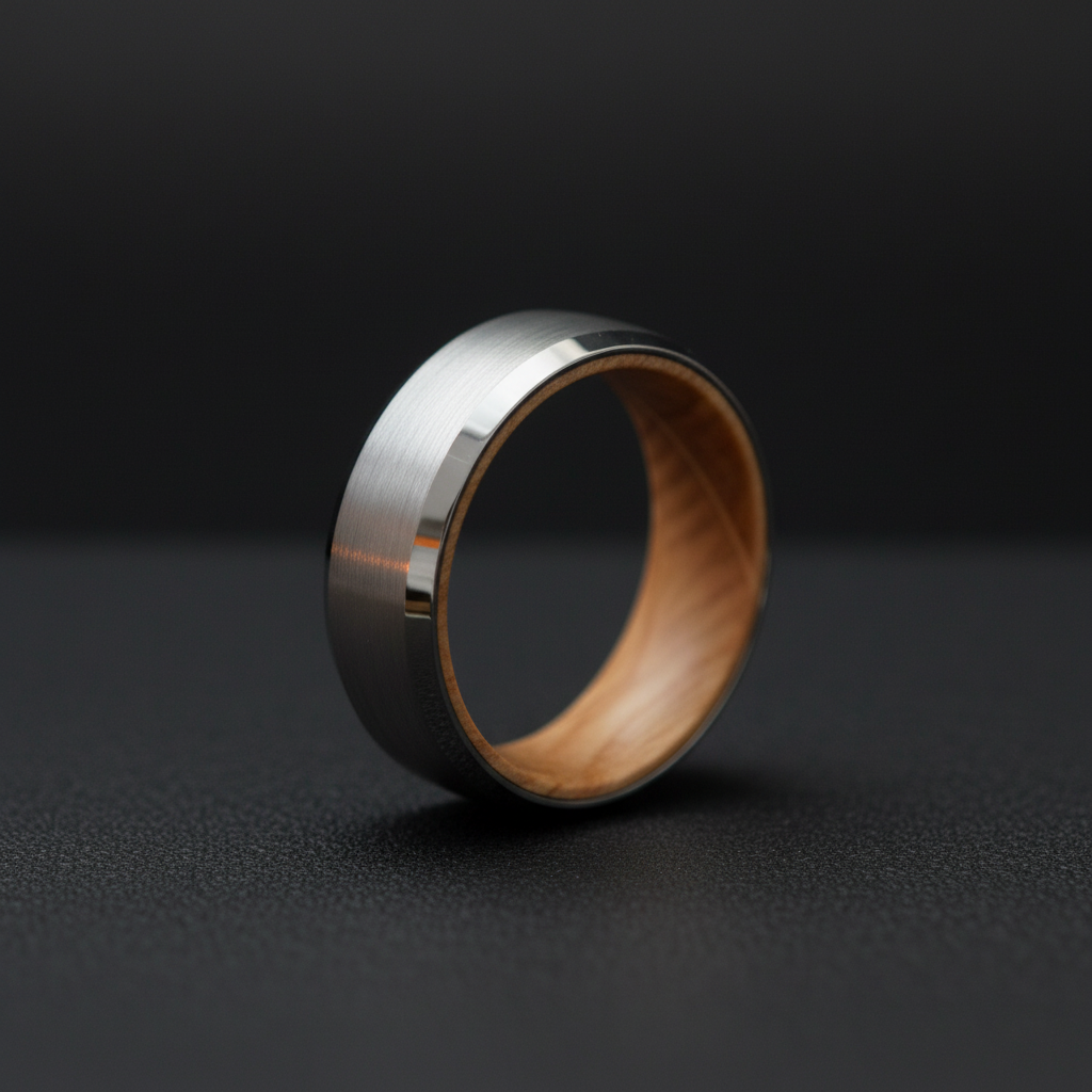 Silver 8mm men's ring with a brushed metal finish and barrel wood interior by Forge and Lumber.
