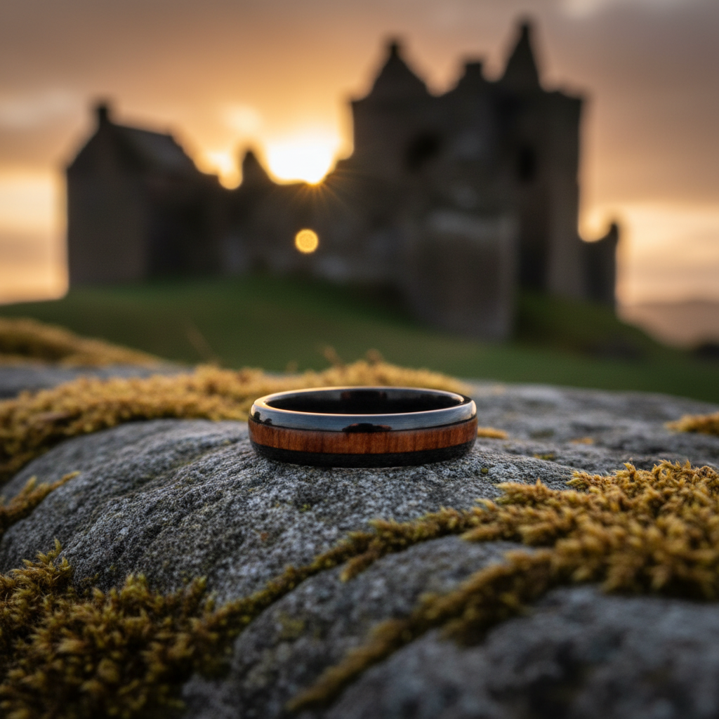 The Grain ring by Forge and Lumber; durable black engravable 4mm ring on mossy stone at sunset.