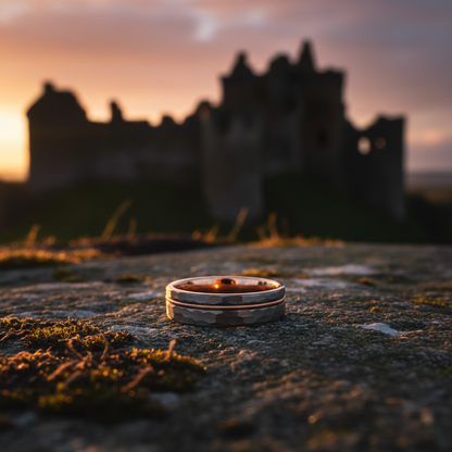 Forge & Lumber Headstock gold ring on mossy stone. Engravable 8mm flat band at sunset. Alternative wedding ring.