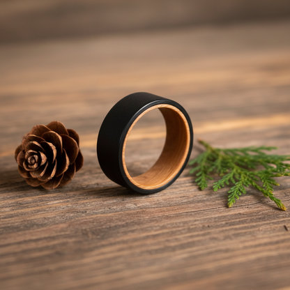 Black artisan ring made from barrel wood, featuring a smooth finish by Forge and Lumber.
