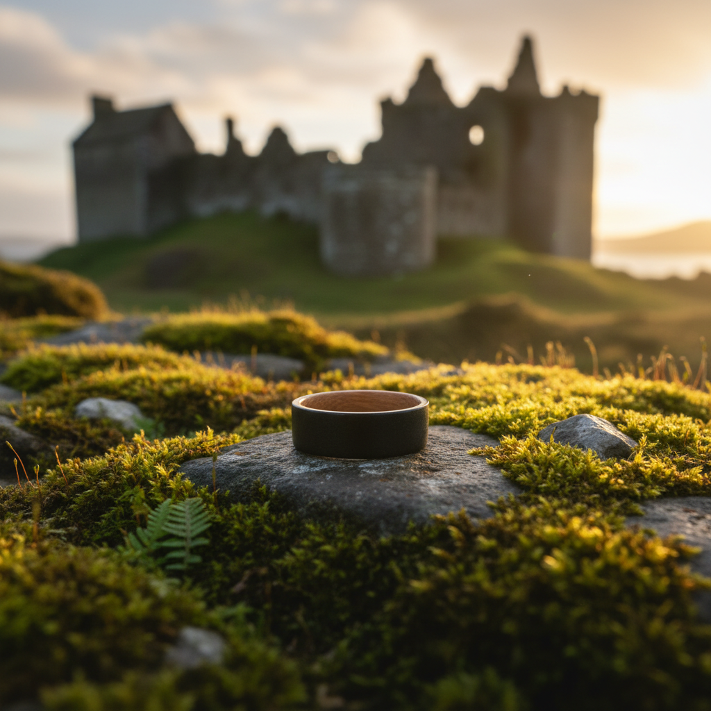 The Hebridean ring by Forge & Lumber: Artisan barrel wood ring on moss stone.