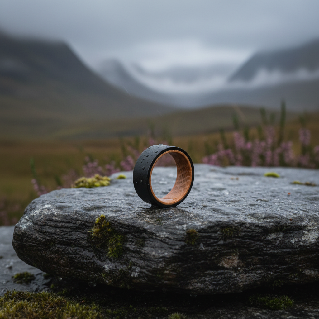 Black barrel wood ring with artisan finish by Forge and Lumber, suitable for anniversaries.