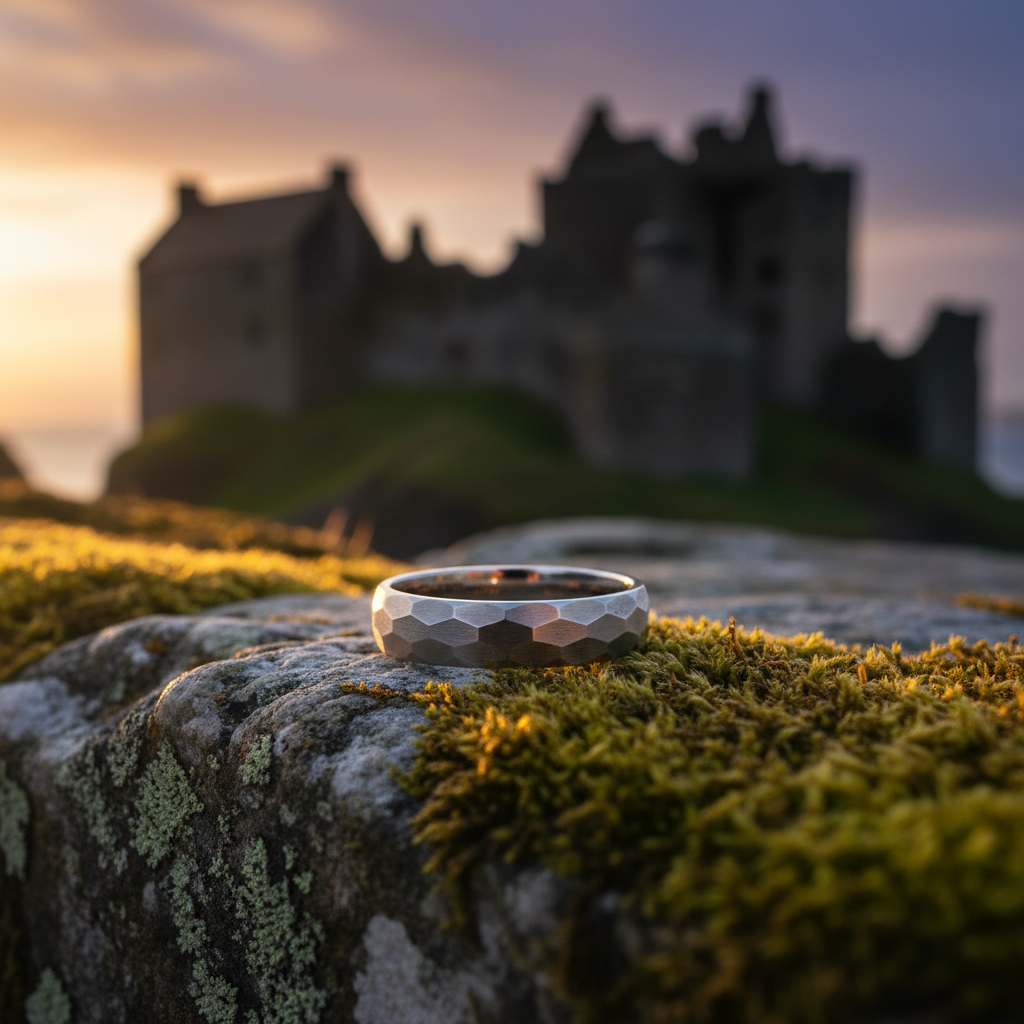 The Highlander Ring by Forge & Lumber: 6mm hammered titanium band on mossy stone.